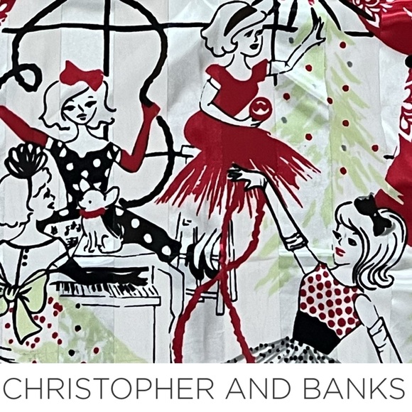 π1950s-Themed Girls Decorating Christmas Tree Scarf | Festive | Oblong 19βx69β - Picture 1 of 17